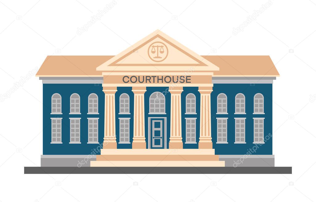 Front view of court house, bank, university or governmental institution. Public building with high columns and  doors. Flat style vector colorful illustration isolated on white background.