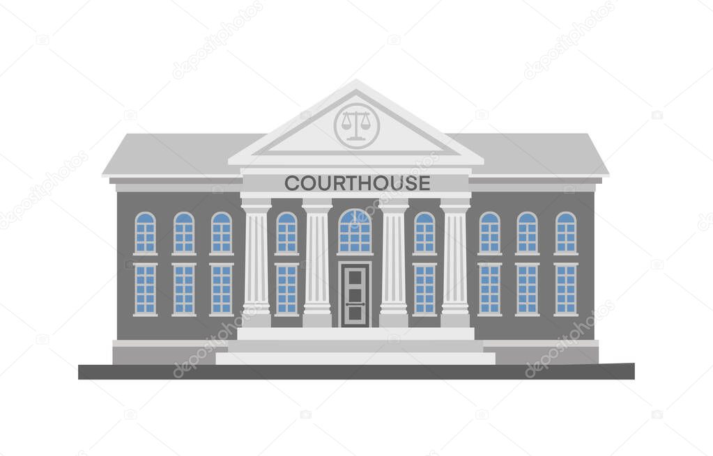 Front view of court house, bank, university or governmental institution. Public building with high columns and  doors. Flat style vector illustration isolated on white background.