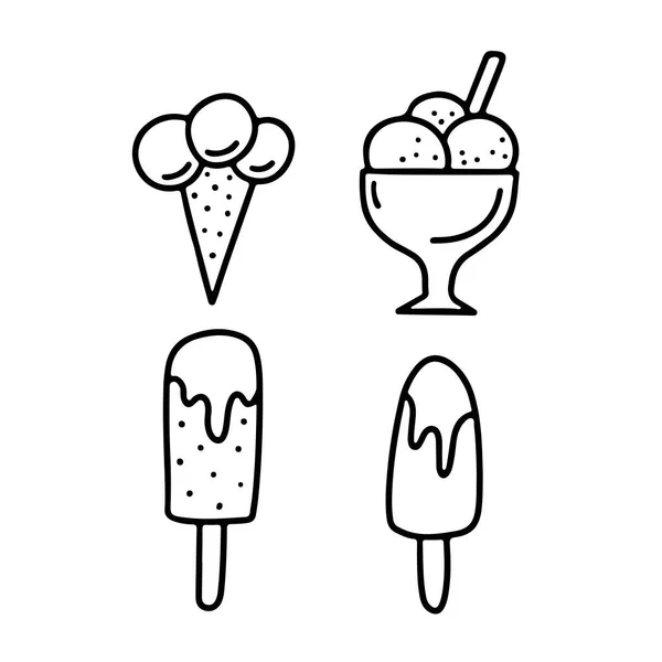 Illustrazione Vettoriale Disegnata Mano Con Diversi Tipi Gelato Cono Cialde — Vettoriale Stock