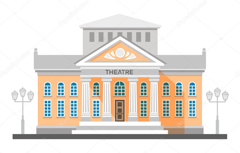 Vector flat illustration exterior of theatre building with title and columns isolated on white background. City traditional architecture public government building. World heritage construction