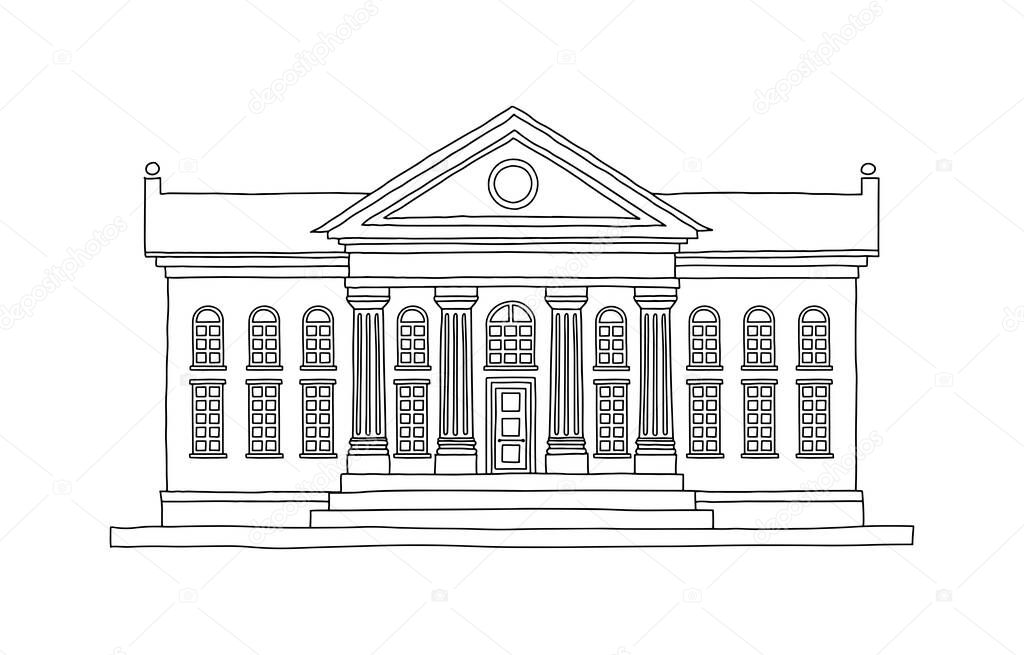 Vector doodle illustration building with title and columns isolated on white. City architecture public government building. Art museum of modern painting, bank, library, university for colring book