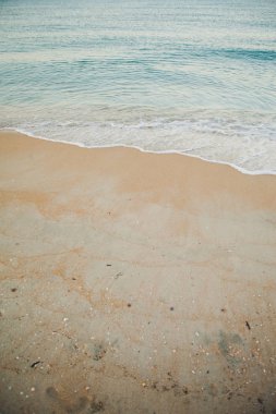 Kumlu sahilde mavi okyanus dalgası. Denizin güzel yumuşak dalgaları. Yaz doğası geçmişi. Kumsalda deniz kabukları var..