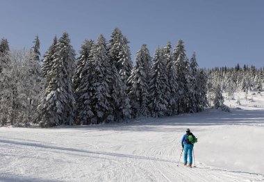 Zıplayan adam güneşli bir günde karla kaplı dağların tepesine ulaşıyor. Kayakçı doğada yükselir. Kar ve kış aktiviteleri, dağlarda sıçrayan.
