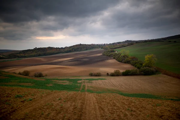 Panoráma Morva Mezők Gyönyörű Felhők — Stock Fotó