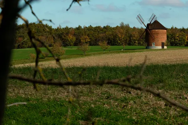 Brick Windmill Green Moravian Fields — Stock Photo, Image