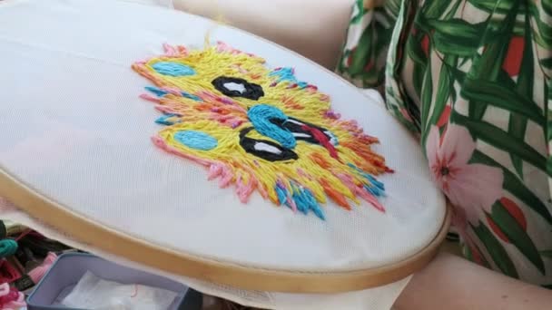 針で縫う女性の手。刺繍フープ、カラフルなイメージの生地 — ストック動画