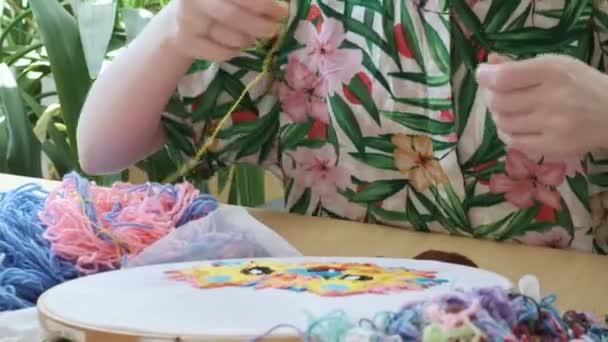 Female hands sewing with needle. embroidery hoop, fabric with colorful image — Stock Video
