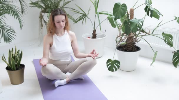 Girl wearing sportswear sits in lotus pose on mat, enjoys breathing practice — Stock Video
