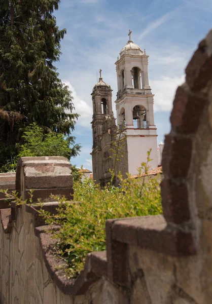 Turm Der Kathedrale Der Villa Del Carbon Zwischen Grünem Laub — Stockfoto