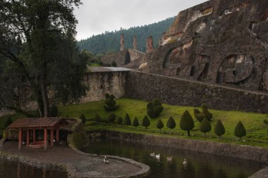 Otomi Ceremonial center, Temoaya, Mexico -Sep 08 2018 wide angle panoramic view of the park entrance