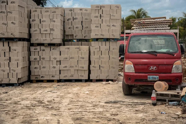 Holbox, Mexico - june 01,2017:building a house in mexico. Unloading of brick blocks