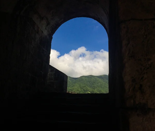 View from inside Brimstone Hill Fortress National Park is a UNESCO World Heritage Site, a well-preserved fortress on a hill on the island of St. Kitts Eastern Caribbean