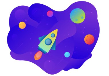 Uzay gezegenindeki roket soyut sıvı arka planda. Uzay arkaplanı. Roket sinekleri. Galaksi deseni