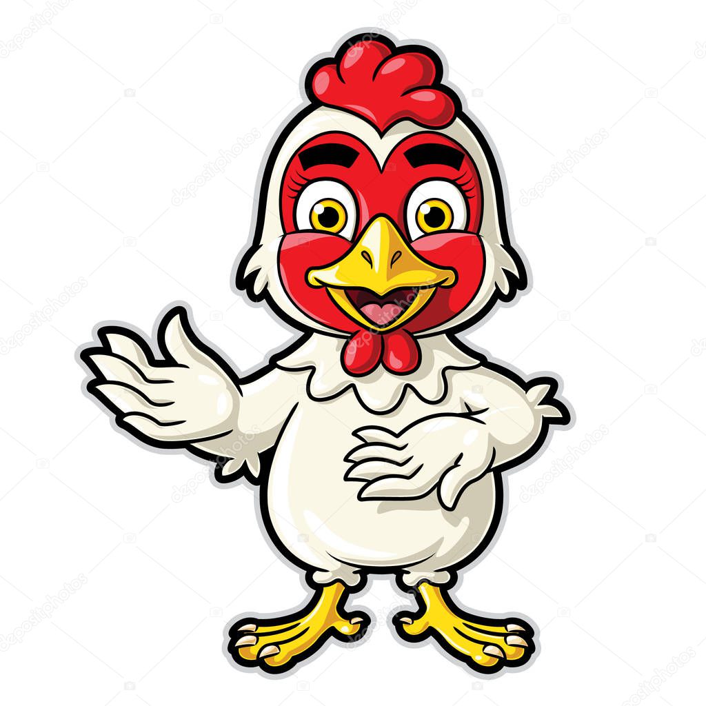 Illustration of a cute cartoon chicken waving.