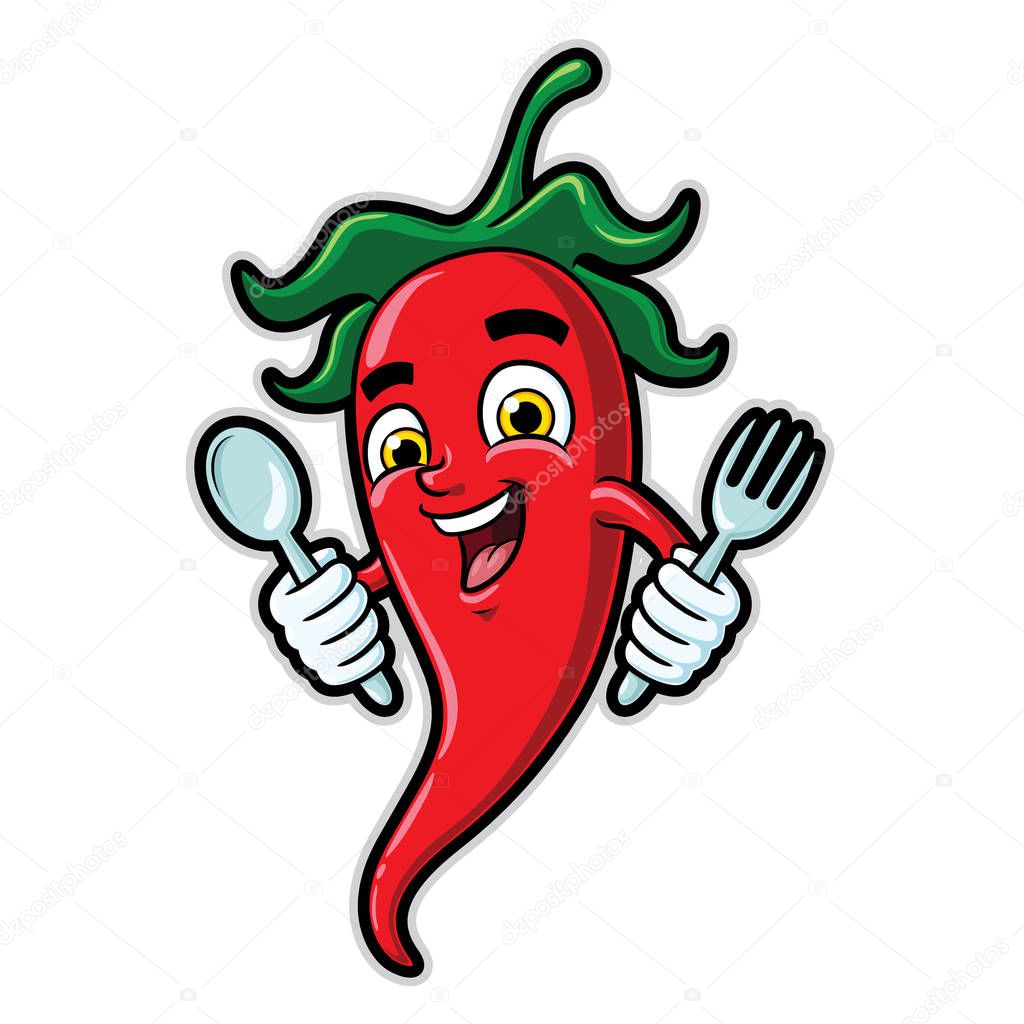 Illustration cartoon character of cute chili holding a spoon and fork.