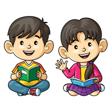 Kitap okuyan sevimli çocukların karikatürü..