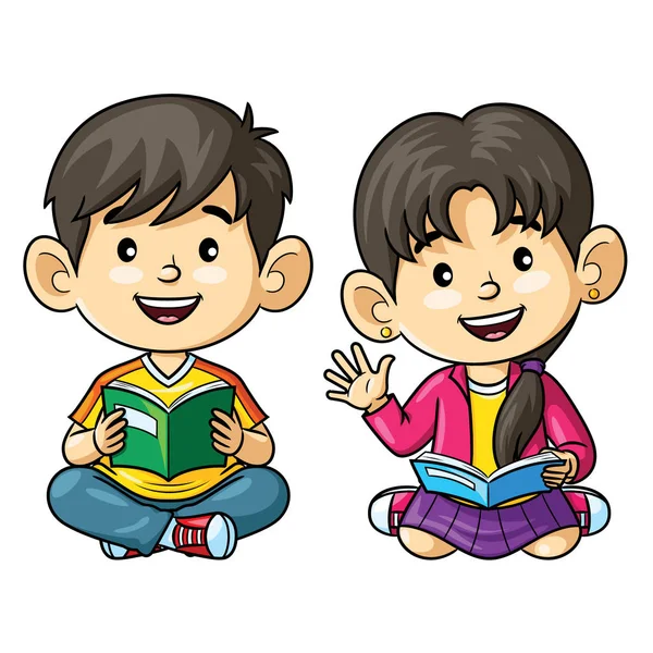 Illustration Cartoon Cute Kids Reading Book — 스톡 벡터