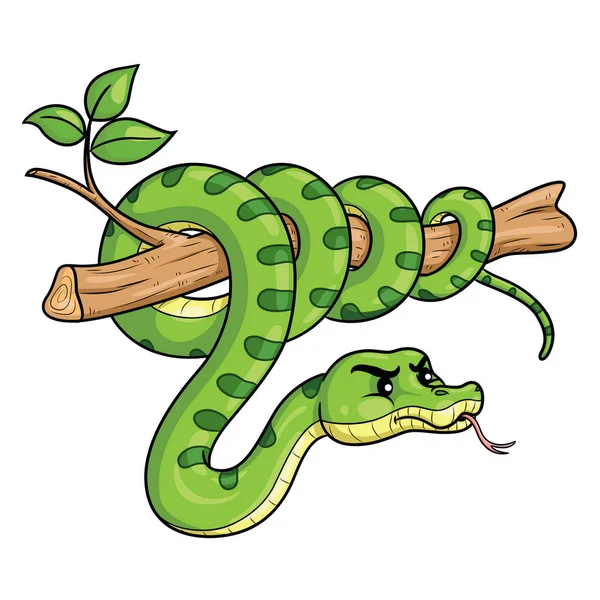 Ilustración Dibujos Animados Linda Serpiente Verde Rama — Vector de stock