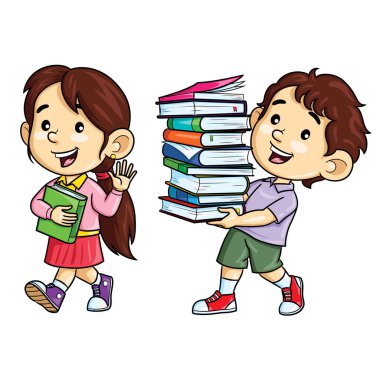 Güzel çocukların resimli çizgi filmi kitap taşıyor..