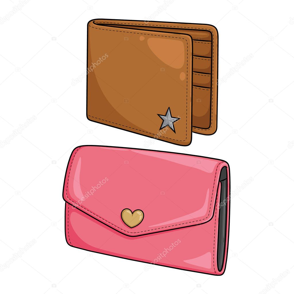 Illustration of cute cartoon wallet and purse.