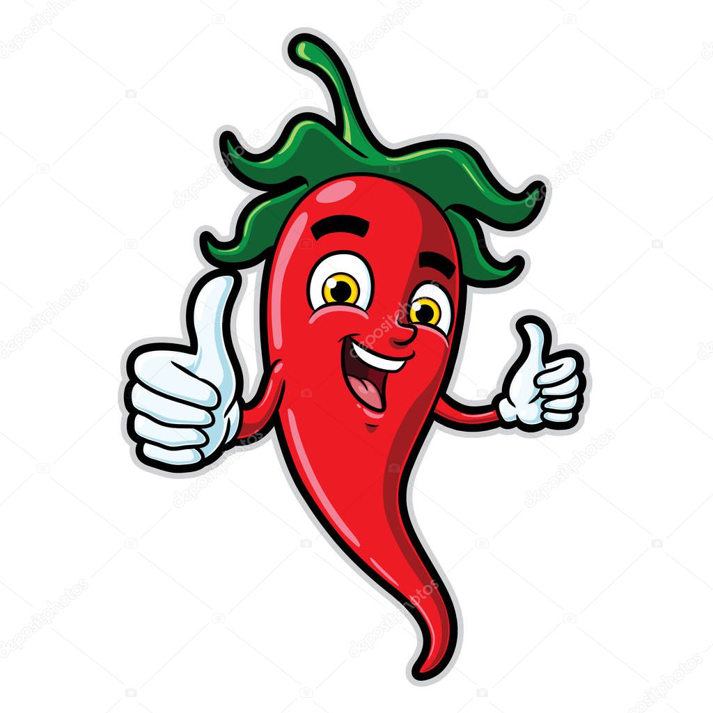 Illustration cartoon of cute chili character with two thumbs.