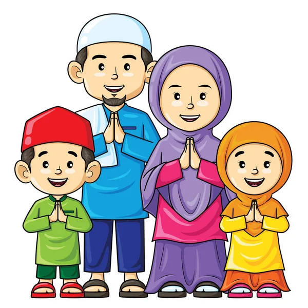 Illustration Bande Dessinée Mignon Heureux Musulman Famille — Image vectorielle