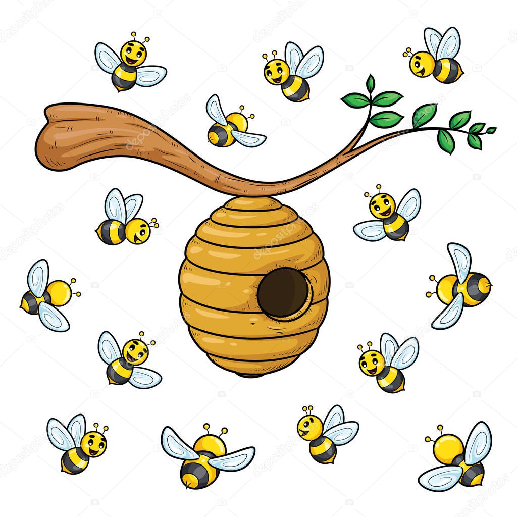 Illustration cartoon of cute bees with beehive.