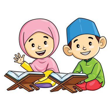 Müslüman kız ve oğlanın Kuran okuduğu karikatür.