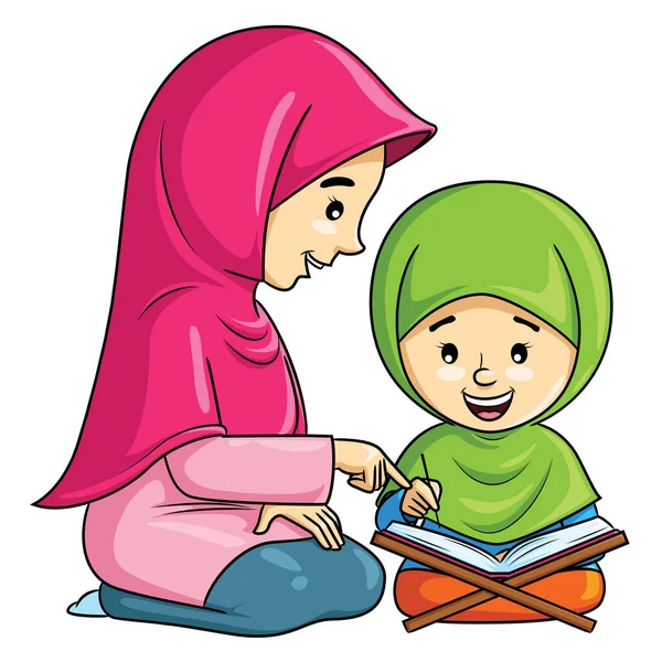 Illustration Cartoon Cute Muslim Girl Learning Recite Quran Her Mother — Stock Vector