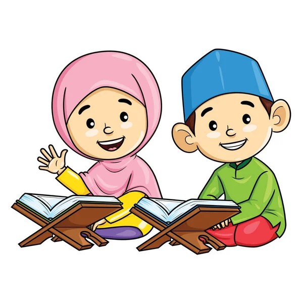 Ilustrasi Kartun Lucu Anak Laki Laki Dan Gadis Muslim Membaca - Stok Vektor