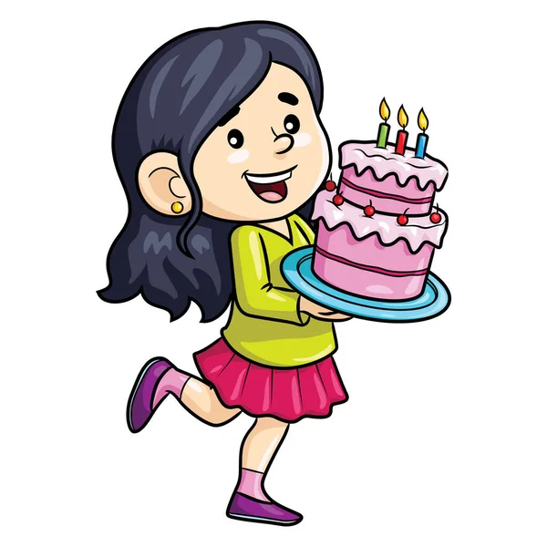 Illustration Cartoon Cute Girl Bring Birthday Cake — Stock Vector