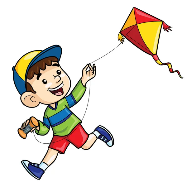 かわいい男の子のイラスト漫画凧を再生 — ストックベクタ