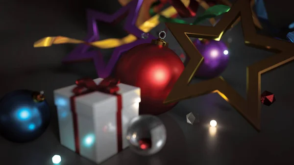 Vánoční ozdoba Bokeh záře Dark pozadí 3d vykreslování — Stock fotografie