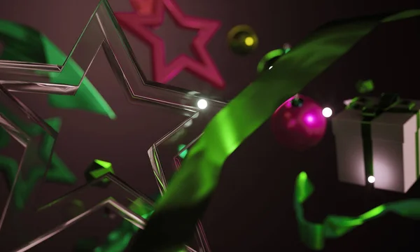 Estrelas de vidro de ornamento de Natal em fundo escuro 3D Rendering — Fotografia de Stock