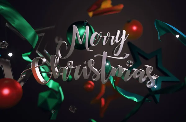 Wesołych Świąt tekst Ornament szkła gwiazd na ciemnym tle 3d — Zdjęcie stockowe