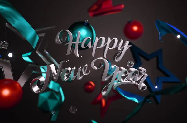 Feliz Ano Novo Texto Ornamento Estrelas de vidro no fundo escuro 3D R — Fotografia de Stock