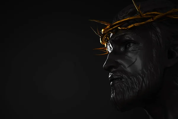 Socha Ježíše Krista s zlatou korunou z trní 3d vykreslování straně — Stock fotografie