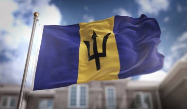 Barbados bayrağı mavi gökyüzü bina arka plan üzerinde 3d render 