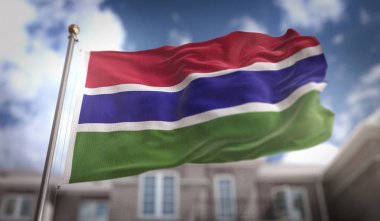 Gambiya bayrak mavi gökyüzü bina arka plan üzerinde 3d render 