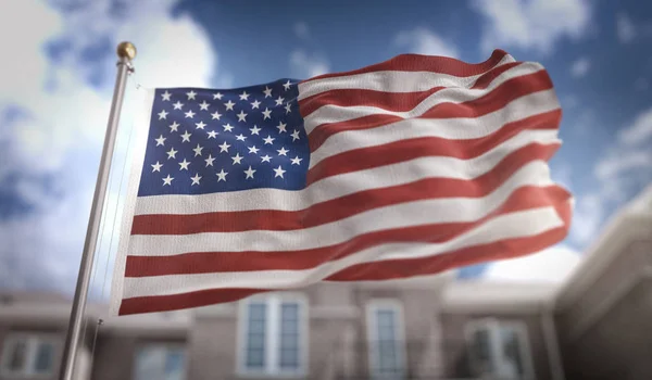 Estados Unidos Bandera 3D representación en el fondo del edificio del cielo azul — Foto de Stock