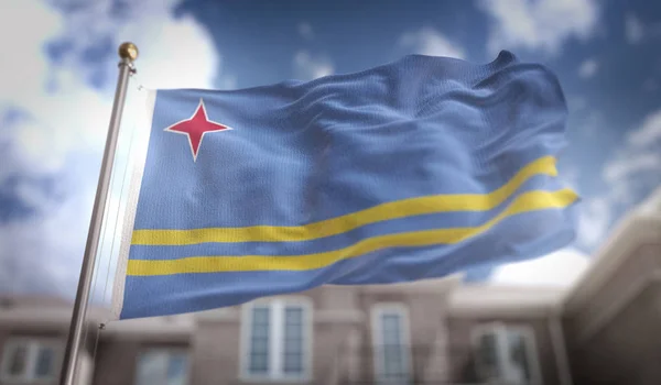 Aruba bayrağı mavi gökyüzü bina arka plan üzerinde 3d render — Stok fotoğraf