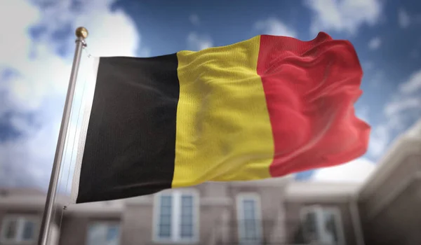 Bandera de Bélgica Representación 3D en el fondo del edificio Blue Sky — Foto de Stock