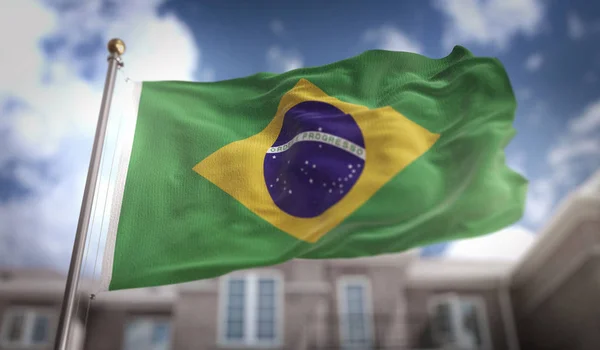 Brazil Flag 3D Rendering on Blue Sky Building Background — Stock Photo, Image