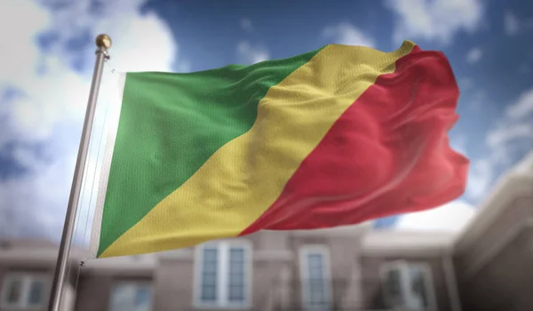 Bandera de la República del Congo Representación 3D en Blue Sky Building Ba — Foto de Stock