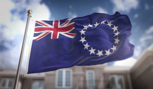 Cookovy ostrovy vlajka 3d vykreslování na pozadí modré oblohy budovy — Stock fotografie