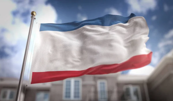 Crimea flaga renderowania 3d na tle budynku Sky Blue — Zdjęcie stockowe