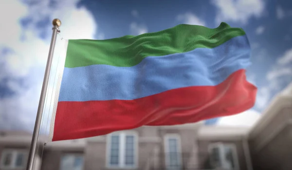 Drapeau de la République du Daghestan rendu 3D sur Blue Sky Building Retour — Photo