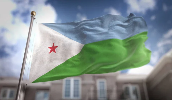 Djiboutis flagga 3d Rendering på Blue Sky Building bakgrund — Stockfoto