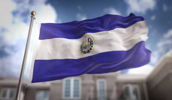 Bandera de El Salvador Representación 3D sobre Fondo del Edificio Blue Sky — Foto de Stock