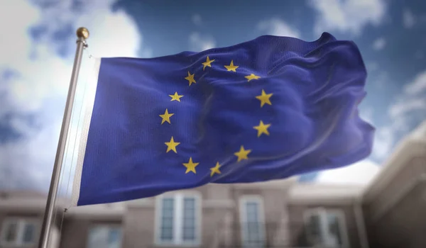 Evropská vlajka 3d vykreslování na pozadí modré oblohy budovy — Stock fotografie